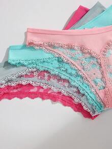 4pcs/Pack Women's Solid Color Sexy Lace Patchwork Thong Panties With Cute Bow, Seamless Stretchy Breathable Ladies Underwear