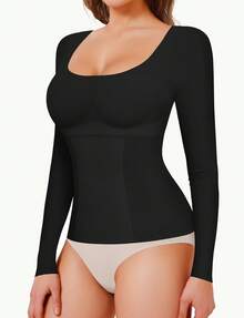 Tummy Control Shapewear Tank - Women's Long Sleeve Scoop Neck Body Shaper, Slimming Compression Top - màu đen - Xem 1