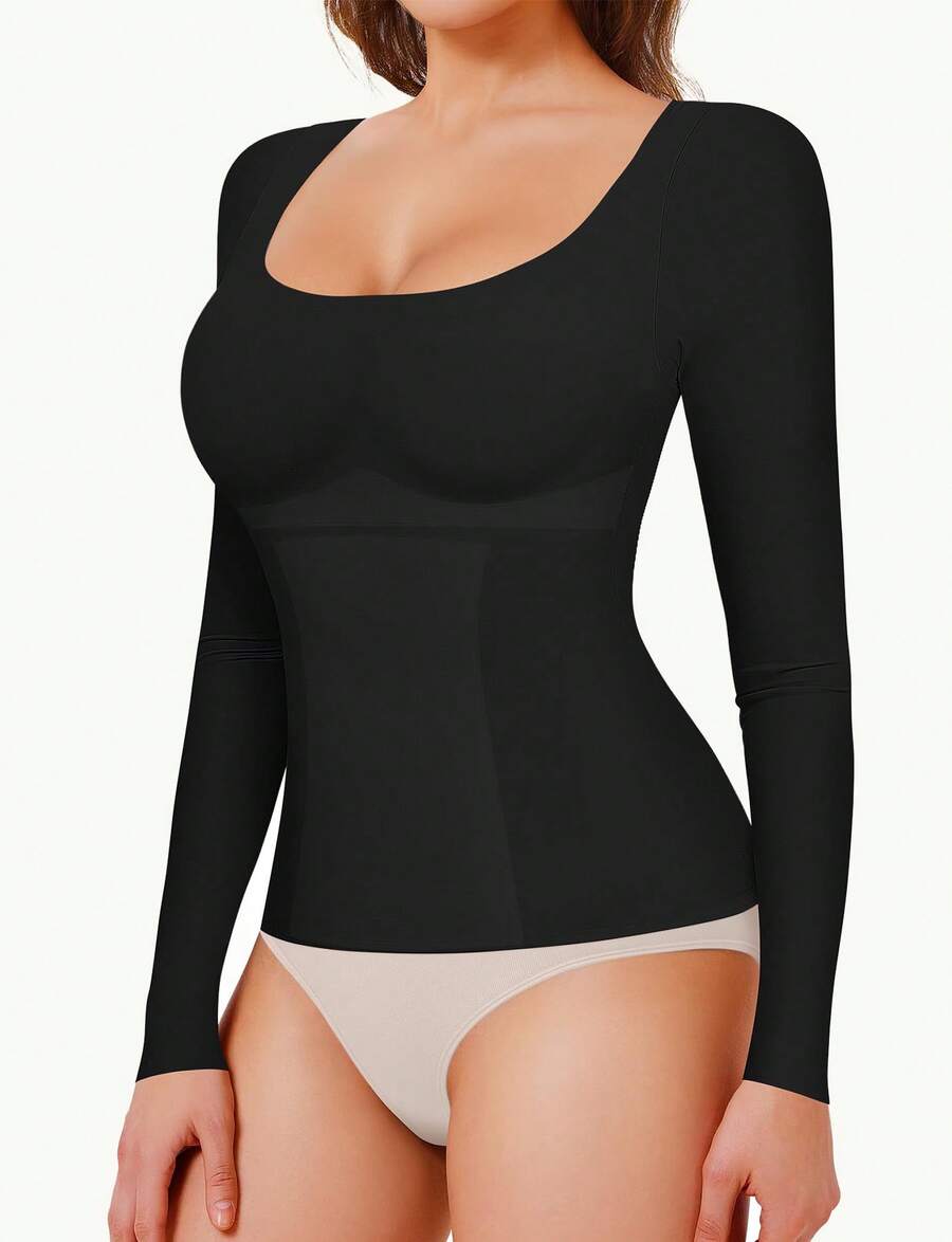 Tummy Control Shapewear Tank - Women's Long Sleeve Scoop Neck Body Shaper, Slimming Compression Top - màu đen - Xem 1