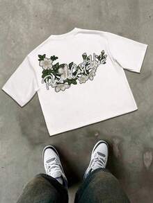 Lonblece Men's Hand-Drawn Embroidered Print Short Sleeve T-Shirt, Suitable For Everyday Wear In Spring And Summer - White - View 4