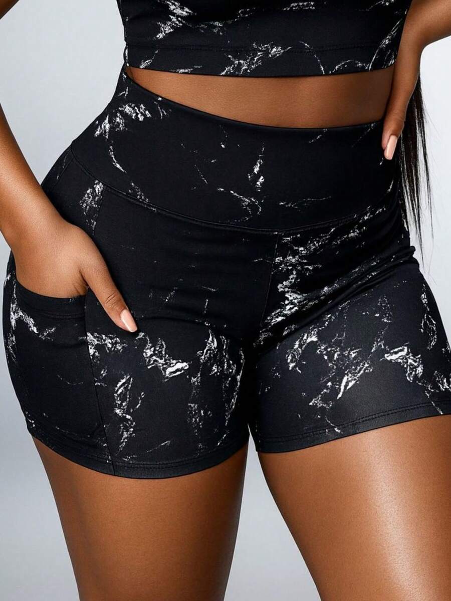 Fitness Shorts With POCKET For Gym Cycling Gymnastics And Outdoor Activities - đen vân đá - Xem 1
