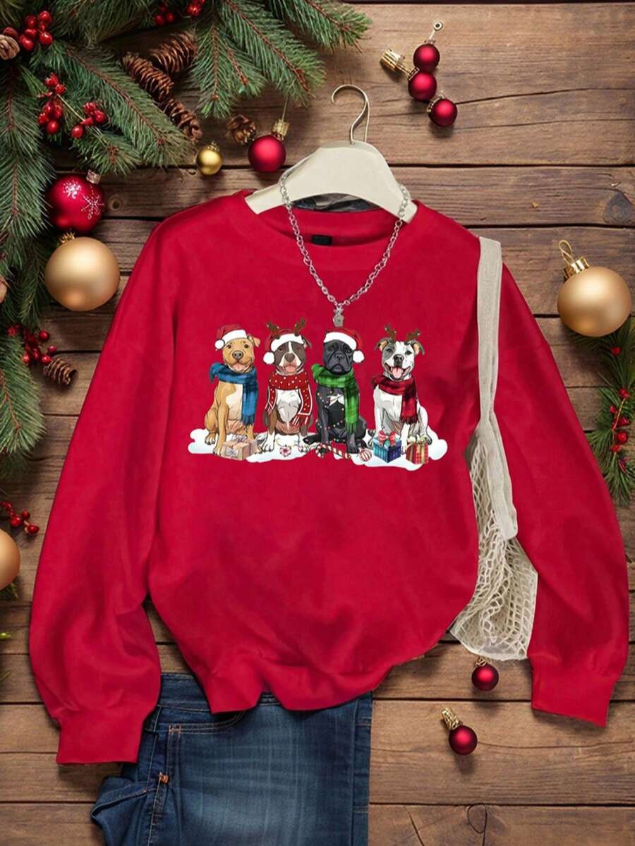 Sudadera estampada navideña con diseño de perritos con bufanda | Moderna, cómoda y adorable - Rojo - Ver 1