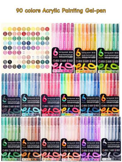 Languo 90-Farben Acrylfarb-Marker - 6 Stücke/Packung - 1,0 mm Feinstift Gelstift, mischbar, leuchtend für Stein/Glas/Holz DIY Handwerk Dekoration, Studenten Zeichnen Malerei Kunstschulbedarf