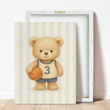 1pc, Canvas Wall Art, Framed Nursery Wall Decor, Teddy Bear Baseball Theme Painting, Teddy Bear Basketball Theme Painting, Teddy Bear Soccer Theme Painting, Sports-Themed Nursery Decor, Suitable For Children's Room Decor, Animal-Themed Nursery Art, Blue Striped Design Playroom Decor, Children's Room Artwork, Nursery Decorative Painting, Kindergarten Decor, Sports Enthusiast Decor Gift, Playroom Decor, Maternity Room Decor