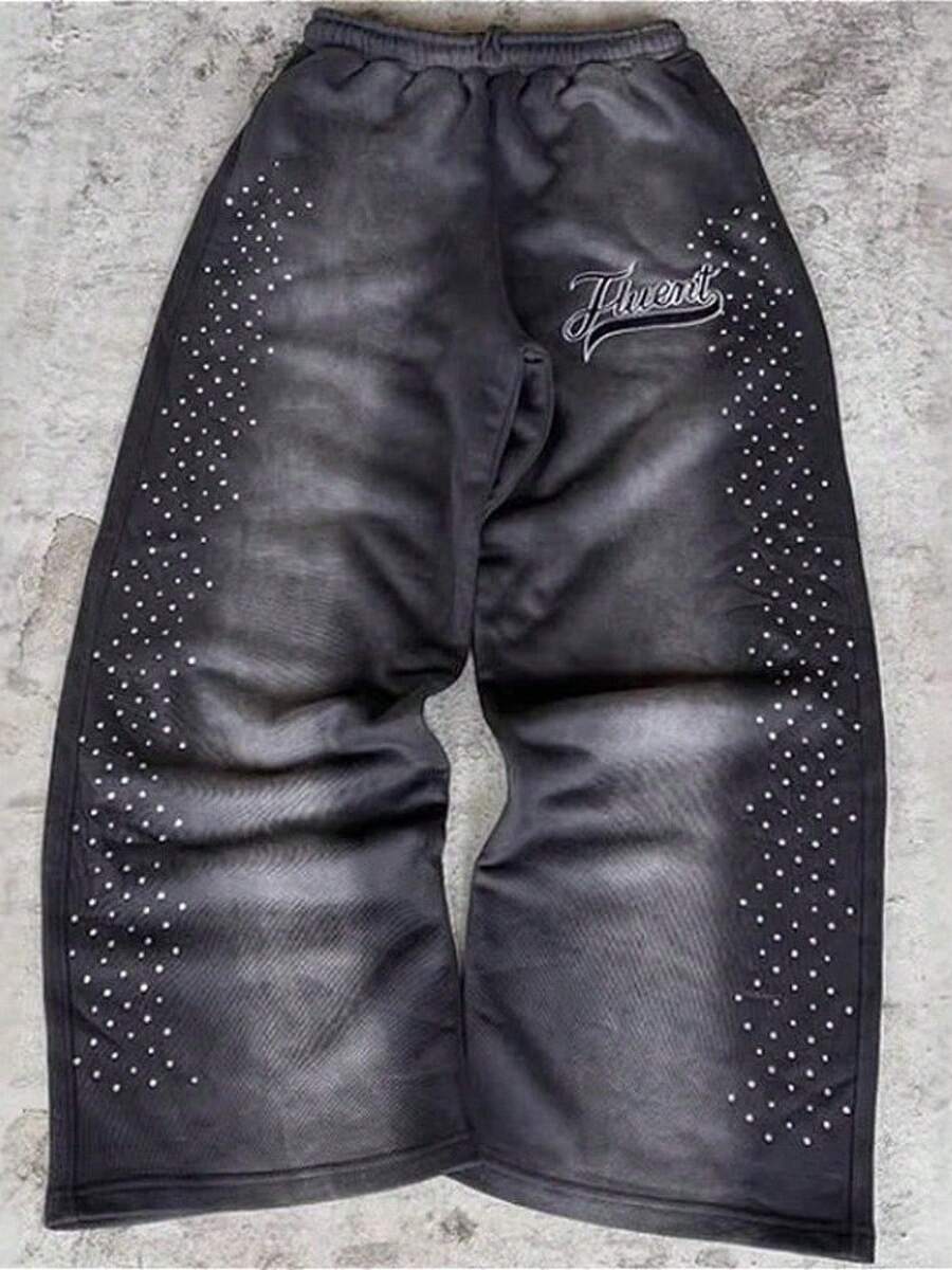 Design-Inspired Hip-Hop Starry Print Wide-Leg Straight-Leg Pants For Men In Large Size, Suitable For Casual And Relaxed Sports Wear. - Black - View 1