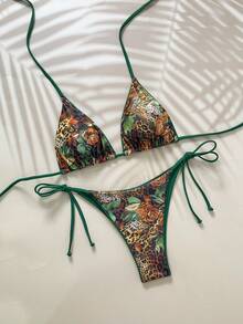 Set de 2 piezas Bikini con tirantes de espagueti con estampado de leopardo sexy, adecuado para vacaciones en la playa y uso en Halloween, verano 2025 - Estampado de leopardo verde - Ver 2