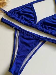 Triangle Bikini Top Without Padding, Thong Bottom With Adjustable Straps, Summer Style. - Azul - Ver 2
