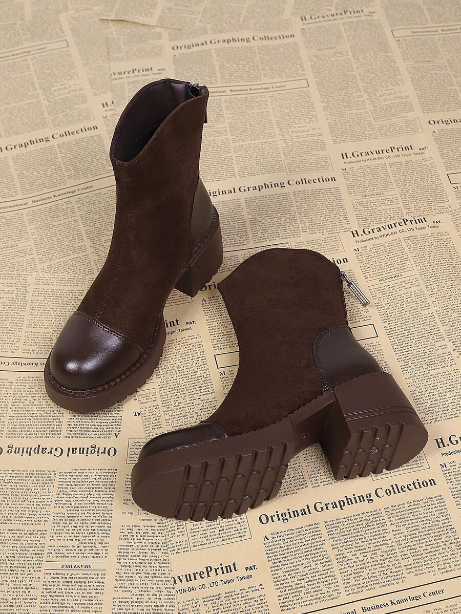 2025 Vinter Nya Damskor, Moderiktiga Mångsidiga Casual Damskor, Damskor med Skarvdesign, Bekväma Ankelstövlar med Dragkedja baktill, Bekväma, Grova Klackar, Vinterstövlar med Tjock Sula, Bruna Högklackade Elastiska Stövlar, Små, Höjdökande Smalstövlar, Klädstövlar För Vardagsbruk - Brun - Visa 1