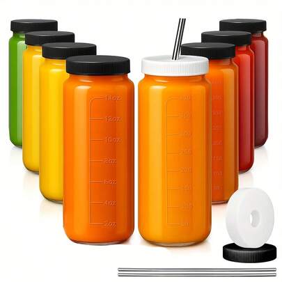 8PCS Juice Can Storage Container Set, Glass Jars With Lids, Milkshake Cup Lids And Straws, Drinking Water Mason Jars, For Juicing, Milkshakes, Kombucha