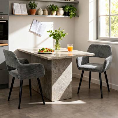 Meubles Cosy Zestaw 2 krzeseł kuchennych z kordu skandynawskiego z metalowymi nogami, wyściełanym, otwartym oparciem, regulowanymi płozami, miękką teksturowaną tkaniną, szary dekoracyjny fotel