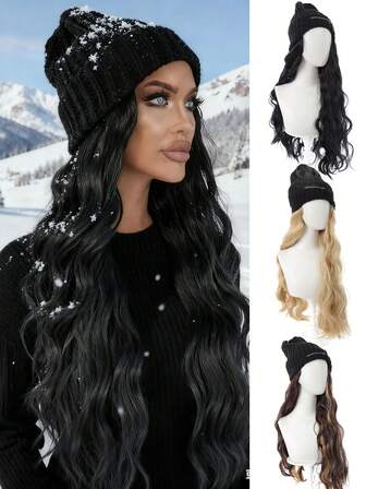 Gorro peluca rizado y ondulado largo, peluca sintética con gorro de punto elástico - Gorro peluca de lana, fibra resistente al calor, forma natural, apto para uso diario, gorro básico cálido de otoño e invierno