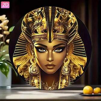 1件复古埃及印花圆形金属牌匾 - 金色女神壁画，复古墙面装饰金属牌匾，适用于庭院、花园、厨房、酒吧、房间、卧室、户外、道路、车库、俱乐部、咖啡馆、餐厅、节日、艺术墙面装饰，20x20厘米，节日装饰，复古设计，高品质印刷，咖啡馆老板适用，孔位随机