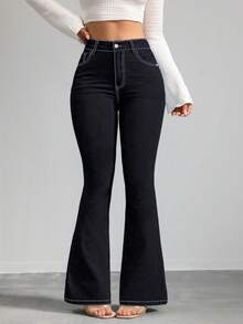 GILIPUR New Black & Blue Y2K Flare Jeans For Women, High-Waisted Slim Fit Stretchy, Elegant & Fashionable Casual Street Style, Retro For Winter & Spring, Suitable For New Year, Valentine's Day, Sexy Party Style, Holiday Gift. Sophisticated Yet Casual Appearance, Ideal For Formal Events, Casual Dinners And Concerts. - Black and Blue - View 6