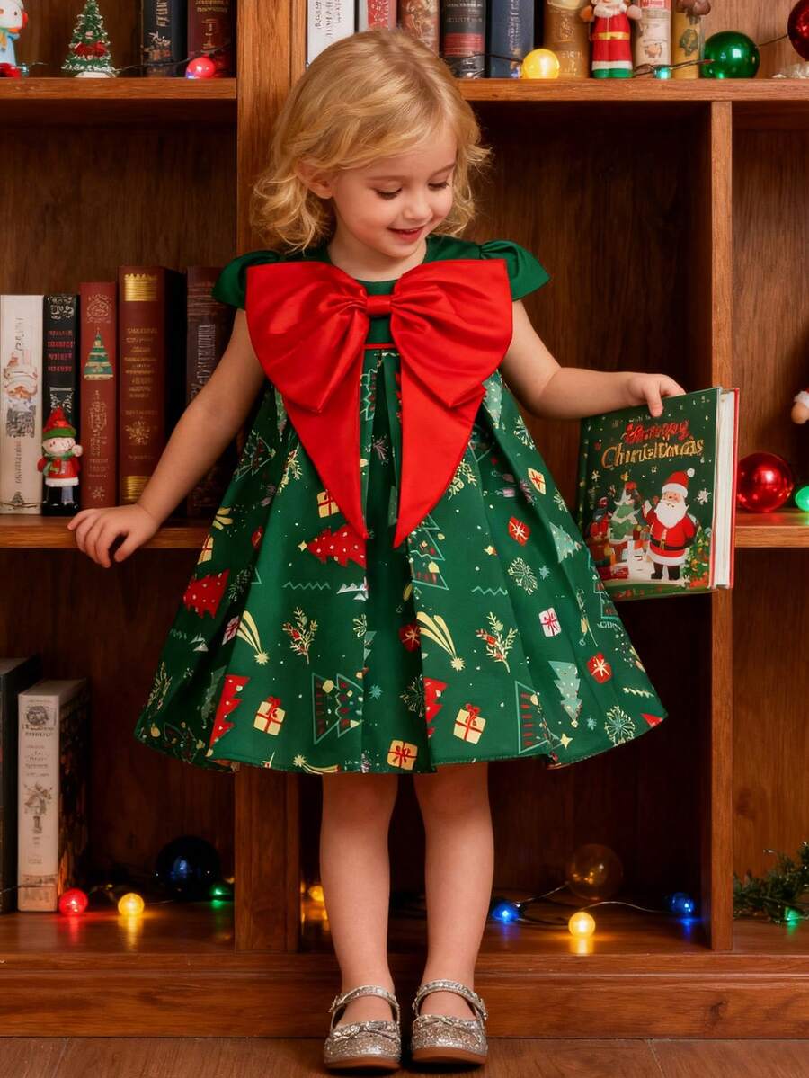 Baby Girls' Christmas Party Cap Sleeve Red Bow Decor Christmas Dress, Suitable For Party