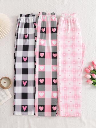 3pcs/Pack Girls Casual Plaid Pants, Heart Pattern, Loose Wide Leg Trousers, Soft & Comfortable, Suitable For Spring & Autumn, Children