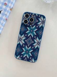 1pc Blue TPU Christmas Element Knitted Texture Pattern Full Coverage Phone Case, Minimalist Versatile Creative Personalized Phone Case, Suitable As Birthday, Holiday, Anniversary Gift For Girlfriend/Boyfriend, Best Friend, Spouse, Partner, Family, Coworker, Student/Teacher, Compatible With IPhone - Multicolor - View 4