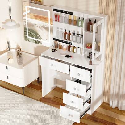 [Top Choice For Halloween And Christmas Gifts] Vanity Table With Makeup Mirror With LED Lights, Dressing Table Makeup Desk With Drawers - Scandinavian Modern Style, Solid Wood Construction, Dimmable LED Lights With Touch Sensor, Spacious Storage Organizer With Multiple Partitions For All Cosmetics, Skincare, Jewelry & Accessories | Perfect Bedroom Vanity, Bathroom Makeup Station, Dorm Room Organizer | Minimalist Fresh Aesthetic, Girly Chic Home Decor, Fast Shipping, In Stock Now For Immediate Delivery, Best Gift For Women, Teens, Bridal Shower Present