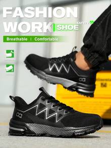 男士安全鞋，钢头运动鞋，防砸工作鞋，黑灰/宝蓝色轻便钢头安全靴，防砸防刺徒步鞋，建筑工业仓库防护低帮鞋，男女通用 - 黑灰色 - 查看 5