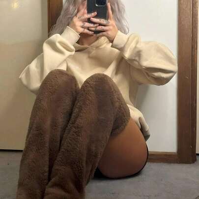 1 Pair Over Knee High Fuzzy Socks, Winter Plush Over Knee Socks, Plush Slipper Stockings Furry Long Leg Warmers, Fuzzy Thermal Home Sleeping Socks