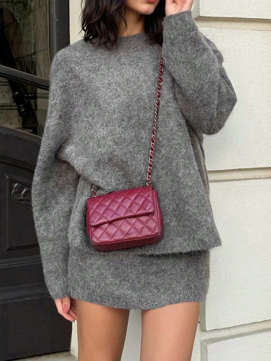 Knit Mix Elegant Women's Fall Winter Knit Sweater Set, Casual Round Neck Long Sleeve Pullover Top, Christmas New Year Thanksgiving Chic Solid Color Two Pieces