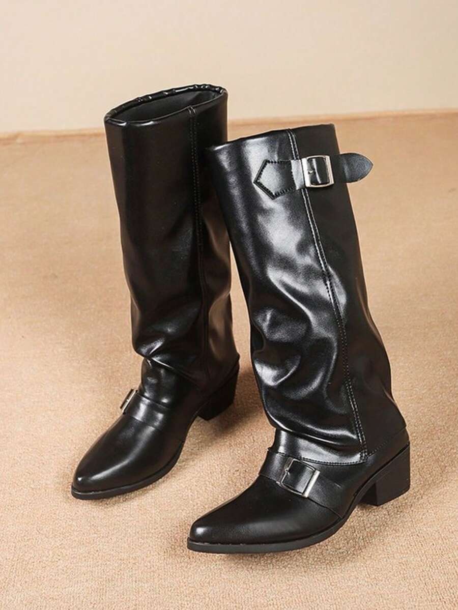 2025 Autumn/Winter New Asymmetric Wine Glass Heel High Heel Boots Women Pointed Toe Soft Leather Tall Boots - Black - View 1