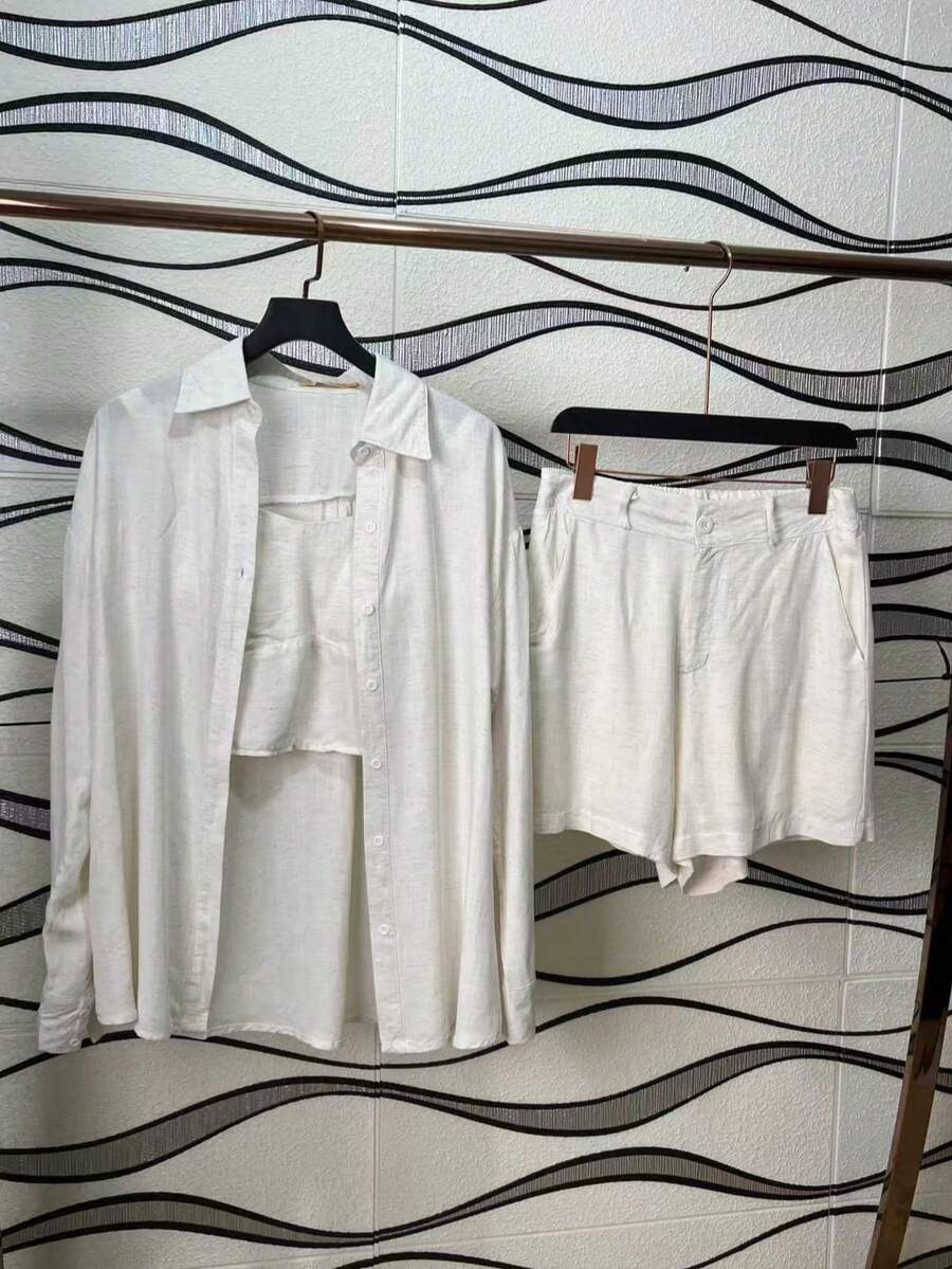 Imported Women's Shirt Set, 3-Piece Set Including A Cropped Top And Lined Shorts. - White - View 1