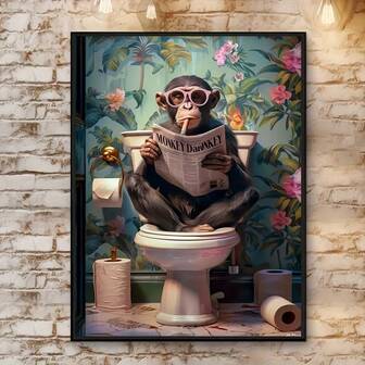 1 Pc Humorous Monkey Reading Newspaper On Toilet Canvas Wall Art Poster, Modern Animal Print, Wall Art, Posters, Hangable, Suitable For Home Decor, Wall Decor, Bathroom Decor, Bedroom Decor, Living Room Decor, Kitchen Decor, Office Decor - Canvas Material (Optional Frame)