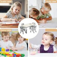 PtioHavn Juego de mesa y silla para niños con 4 asientos, regulable en altura, con tablero de graffiti y patas antideslizantes, adecuado para el aula de guardería y el hogar Juego de mesa y silla para actividades infantiles, adecuado para niños de 2 a 10 años. - Gris Claro - Ver 8