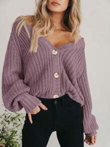 Women's Fall Chunky Knit Open Front Sweater Long Sleeve Button Loose Short Cardigan Outerwear Coats - Sương mù xanh tím - Xem 6