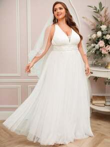 Plus Elegant Sleeveless Waist Applique Cross-Back Straps Tulle Wedding Dresses Bride For Fall Garden Wedding Party Prom White Dresses