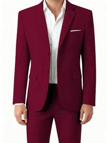 Mens Slim Fit 2-Piece Suit Two Buttons Notched Lapel Solid Suit Jacket Pants Set Tuxedo For Prom Concert Graduation Season Size XS-3XL Men's Spring New Products Suit Sets For Wedding Concert  Graduation Season - 酒紅色 - 查看 1