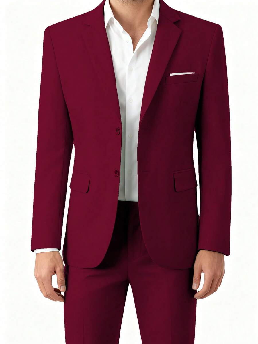 Mens Slim Fit 2-Piece Suit Two Buttons Notched Lapel Solid Suit Jacket Pants Set Tuxedo For Prom Concert Graduation Season Size XS-3XL Men's Spring New Products Suit Sets For Wedding Concert Graduation Season - 酒紅色 - 查看 1
