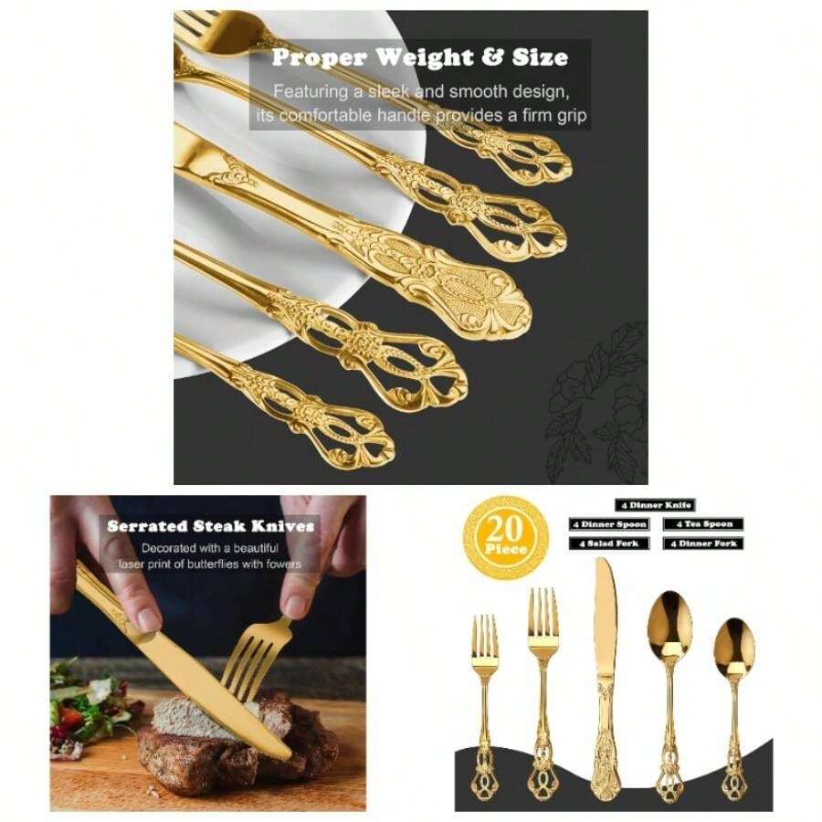 Gorgeous Retro Royal Gold Stainless Steel 20 Pieces Flatware Set, Golden Silverware Set, Anti - Rust Stainless Steel Gold Cutlery Set Utensils Including Fork Spoon And Knife - Gold + 20 - View 1