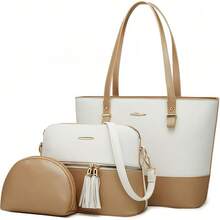 Bolso Mujer, 3 Pcs Bolso de Hombro para Mujer, Bolso Tote de Cuero PU conúltiples Bolsillos Internos, Bolsas para Llevar en el Hombro de Mujeres, Bolso Dama de Mano, Regalo para Mujer - Dorado con Blanco - Ver 9