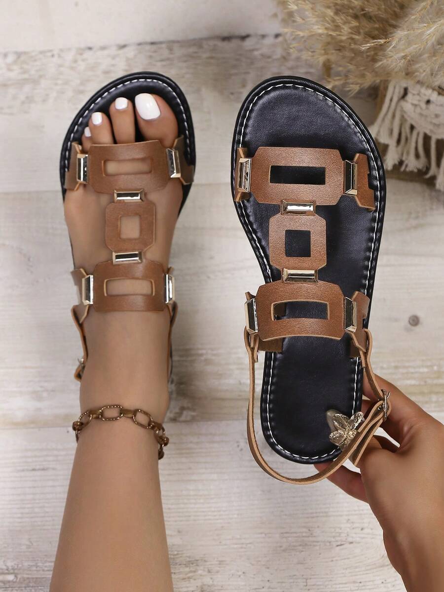 新款女士时尚平底凉鞋，纯色沙滩PU皮镂空几何图案铆钉搭扣，女士时尚平底凉鞋，沙滩凉鞋，夏季