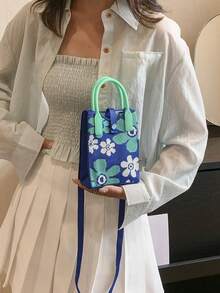 lulu kewen 时尚花卉图案女士斜挎包，女士钩编包，女士小型手机包，休闲购物女士单肩包，可爱花卉女士手提包，适合青少年、女性、女孩、学生、上班族女性，可装手机、钥匙、钱包等。 - 藍色 - 查看 5