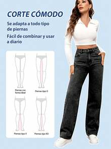 Jeans casuales de pierna recta y ajuste holgado para mujer con bolsillos, jeans rectos de moda, pantalones vaqueros holgados de mezclilla lavada, estilo vintage y casual, pierna ancha y talle alto para uso diario, cómodos, elásticos y aptos para todas las estaciones - Negro - Ver 8