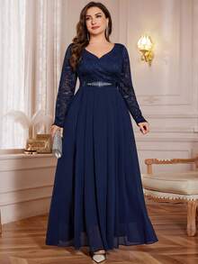 V-Neck Floral Lace Patchwork Chiffon Rhinestone Belt Formal Party Maxi Dress, Suitable For Valentine's Day, Wedding Guest, Birthday, Graduation Ceremony, Gala - Navy Blue - View 2