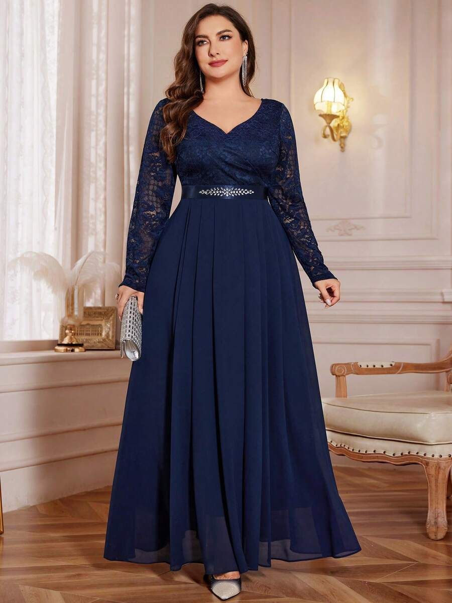 Đầm maxi dự tiệc trang trọng cổ chữ V, phối ren hoa, chất liệu chiffon, đính đá và thắt lưng, thích hợp cho Ngày Valentine, dự đám cưới, sinh nhật, lễ tốt nghiệp, dạ hội.