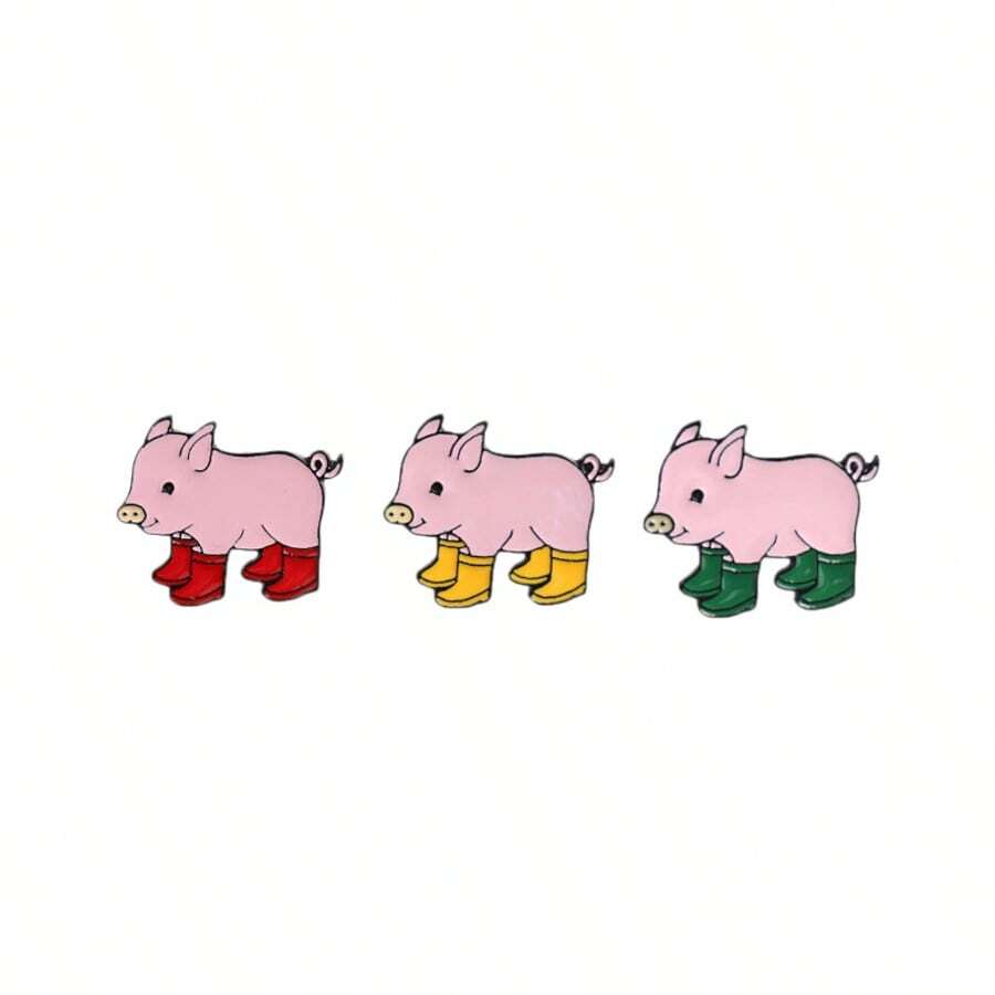 3pcs Pig Shaped Brooch Set, Suitable For Couples, School Uniform Accessories, Anti-Glare, V-Neck, Creative Badge, Cute Animal Design - Multicolor - View 1