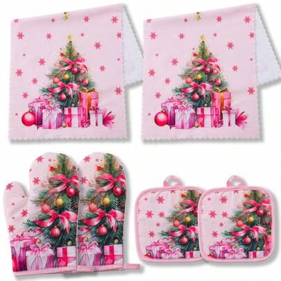 6pcs/Set Christmas Snowman Thick Kitchen Oven Mitts, Heat Resistant Pads, Microwave Gloves, Baking Insulated Gloves, Christmas Reindeer Towels, Christmas Gifts