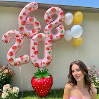 32 Inch Pink Foil Number Balloons 0-9 With Strawberry Stickers - Pink And Red Party Decorations For Birthdays, Gender Reveals, Wedding, Babyshower Decorations