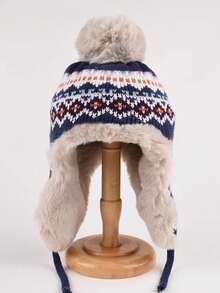 1pc Women's Patchwork Fuzzy Warm Knit Beanie Hat, Autumn/Winter, Suitable For Christmas And Outdoor Use In Winter - Navy Blue - View 3