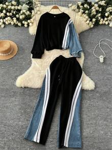 GLOURI Women's Denim Patchwork Co-Ord Set - Matching Jeans Set With Color Block Design | Long Sleeve Tracksuit & Contrast Stitching For Streetwear Athleisure Fall And Winter - 黑色 - 查看 3