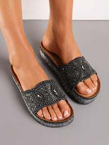 Sandales plateforme ornées de style bohème - Chaussures décontractées d'été/plage pour femmes - Noir - Voir 4
