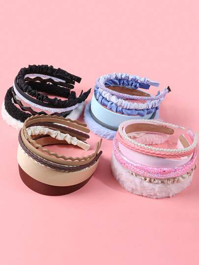 6pcs/Set Assorted Girl Headbands Set, Fashion Hair Hoops With Fuzzy, Satin, Pearl, Glitter & Ruffled Designs - Versatile Hair Accessories For Daily Wear, Parties & Styling