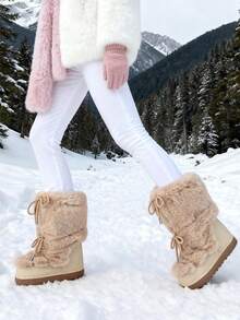 Faux Fur Boots For Women Winter Snow Boots Platform Lace Up Round Toe Boots Warm Snow Shoes Fluffy Winter Boots - 杏色 - 查看 3