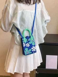 lulu kewen 时尚花卉图案女士斜挎包，女士钩编包，女士小型手机包，休闲购物女士单肩包，可爱花卉女士手提包，适合青少年、女性、女孩、学生、上班族女性，可装手机、钥匙、钱包等。 - 藍色 - 查看 7