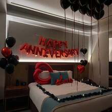 540/537/45/16件套红黑周年纪念装饰气球套装，周年快乐横幅，红/黑心形铝箔气球，情人节装饰气球，周年纪念、结婚、求婚派对、生日庆祝、新年室内装饰 - 彩色 - 查看 7
