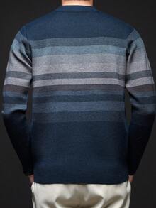Navy Blue Men's Checkered Stripe Casual Crew-Neck Thick Knit Sweater, Winter, For Fall, Long Sleeve Top - Navy Blue - View 7